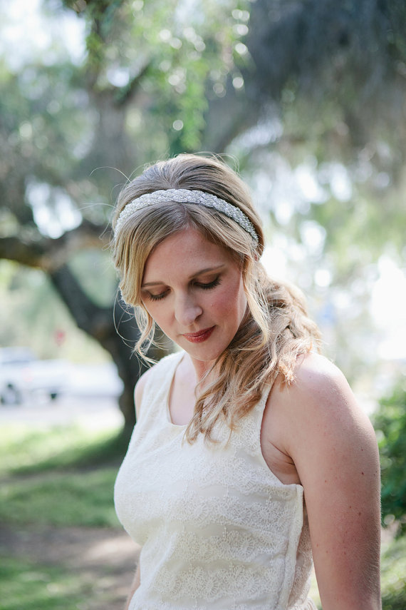 Wedding - Beaded and Pearl Bridal Tie Headband or Halo