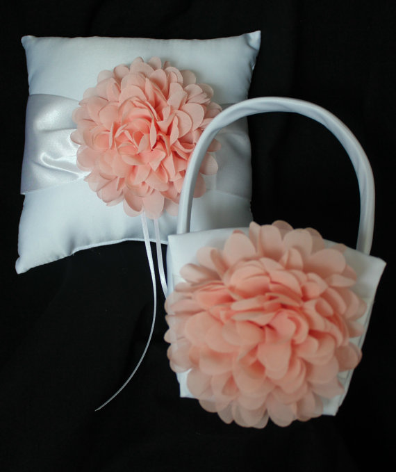 Hochzeit - Ivory or White Ring Bearer Pillow and Basket Chiffon Chrysanthemum in PEACH