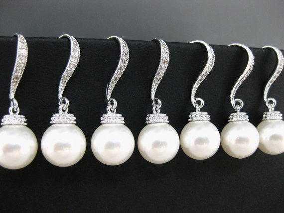 Свадьба - 10% OFF SET of 5 Swarovski 10mm Round Pearl Drop Dangle Bridal Earrings Wedding Jewelry Bridesmaid Gift Bridal Jewelry Sparky Jewelry (E005)
