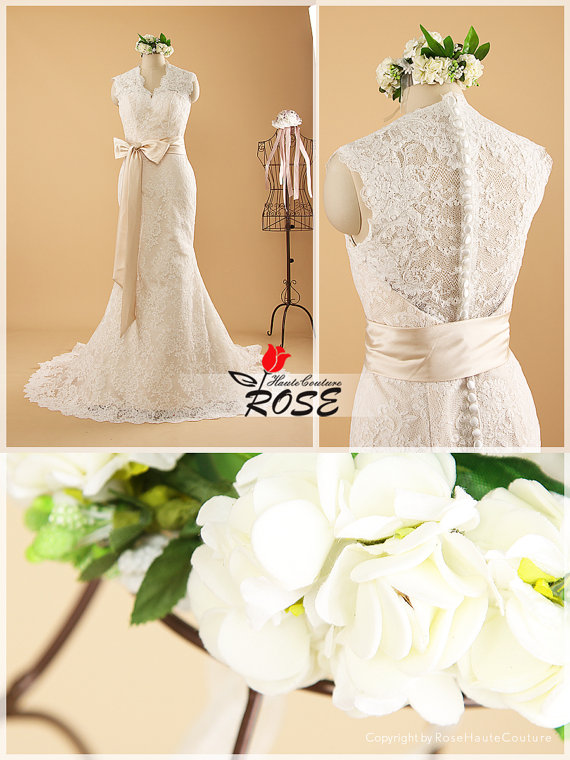 Свадьба - Mermaid V Neckline Lace Wedding Dress Lace Covered Back With Detachable Satin Sash Style WD060