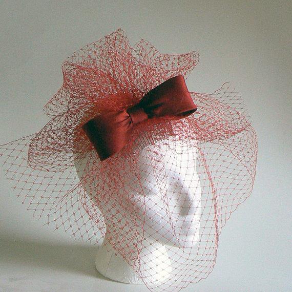 Mariage - Red silk bow veil - bridal birdcage red veil - valentine silk bow veil