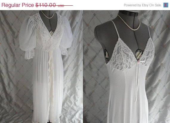 Mariage - ON SALE Wedding Lingerie // Vintage 1980s White Chiffon Lingerie Long Peignoir Set with Beautiful Lace by Tosca Size M