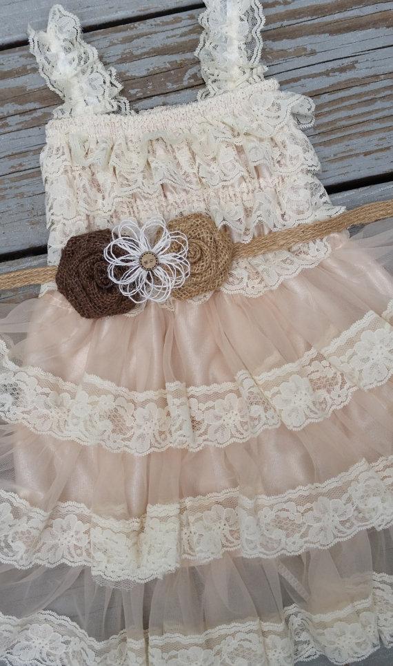 Mariage - Country Flower Girl Dress-Country Chic Dress- Burlap Flower Girl-Country Wedding-Burlap Belt-Rustic Flower Girl Dresses-Burlap Roses