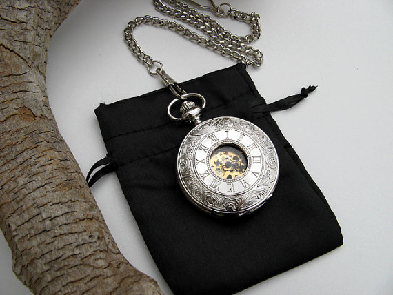 Wedding - Pocket Watch Silver Engraved Roman, Mechanical Pocket Watch includes Watch Chain - Groomsmen Gift - Men - Steampunk - Watch - Item MPW155