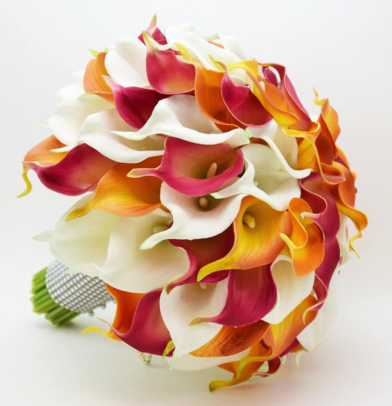Свадьба - Reserved - Real Touch Calla Lily Bridal Bouquet Groom's Boutonniere Hot Pink Orange Light Ivory with Diamond Mesh Wrap