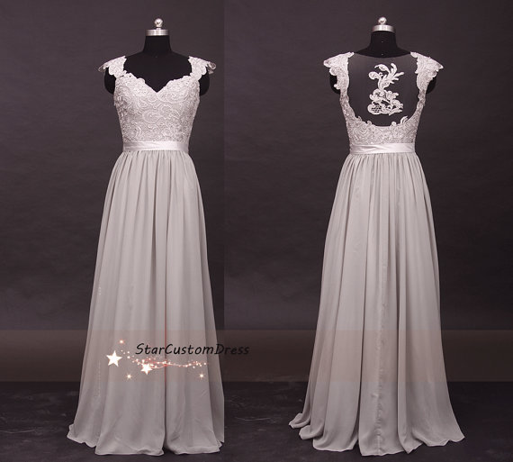 Mariage - Grey Lace&Long Bridesmaid Dress Chiffon Dress With cap sleeves and embroidery