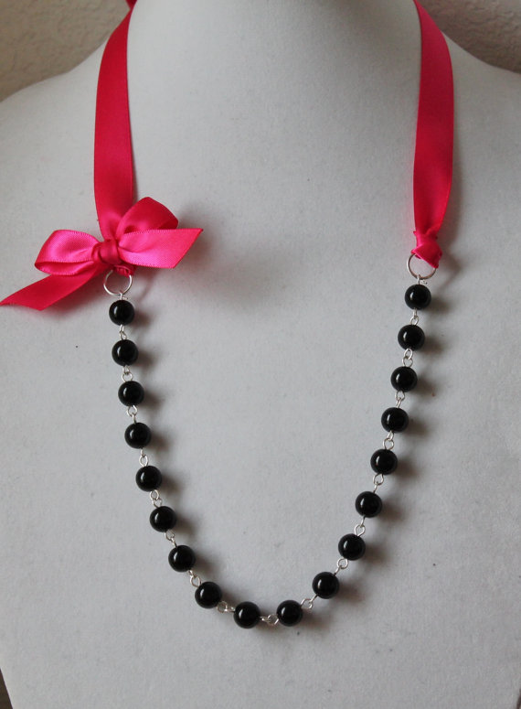 زفاف - Black Pearl and Hot Pink Ribbon Bow Necklace