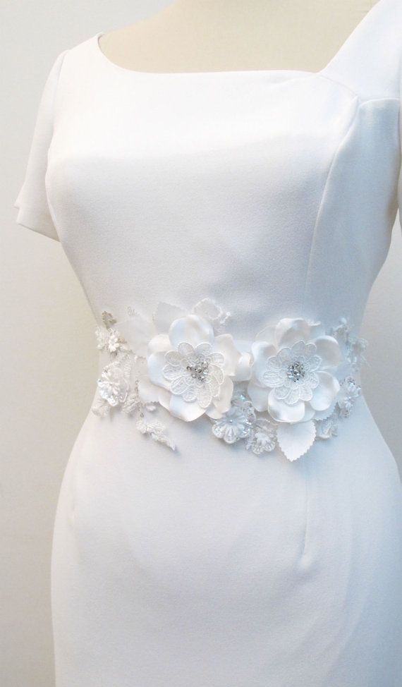 Hochzeit - Soft white Ivory Flower Bridal Sash Wedding Belt 3D Applique