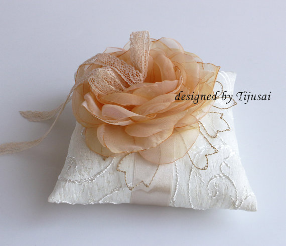 Hochzeit - Wedding ring pillow with peach/orange flower ---wedding ring pillow , wedding pillow, ready to ship