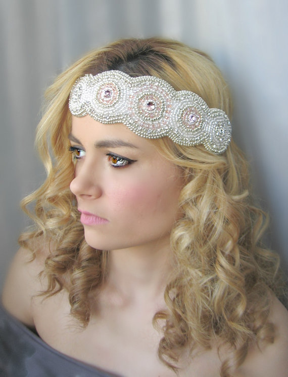 Mariage - Crystal Wedding Headband,Bridal Crystal Pink and Silver Bandeau,Wedding Crystal Hair band,Wedding hair piece,Crystal Headpiece,Forehead band