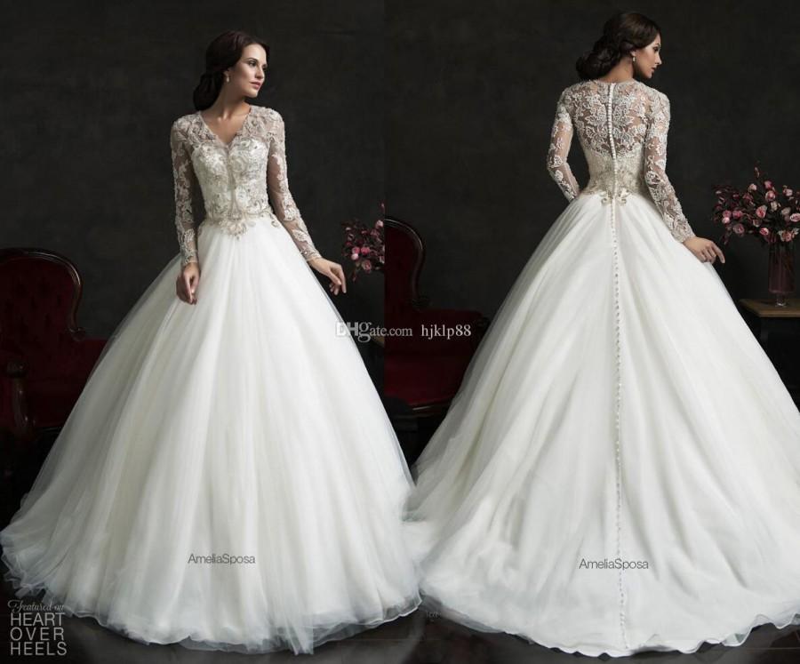 Wedding - Amelia Sposa Long Sleeve V-Neck 2015 Wedding Dresses Illusion Vintage Applique Beaded Button Wedding Gowns Dress Chapel Train Online with $129.06/Piece on Hjklp88's Store 