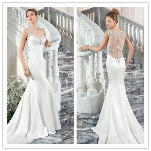 زفاف - Vintage Mermaid Wedding Dresses White 2015 Illusion Back Bridal Dress With Beads Sequins Sheer V-Neck Zip Back Gown Vestido De Novia Online with $129.95/Piece on Hjklp88's Store 