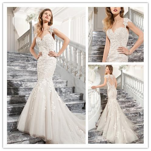 Wedding - Amzing 2015 Wedding Dresses Applique Lace Illusion Back Tulle Train Sweetheart Mermaid Bridal Dress Gown Cheap Vestido De Novia Custom Made Online with $137.07/Piece on Hjklp88's Store 