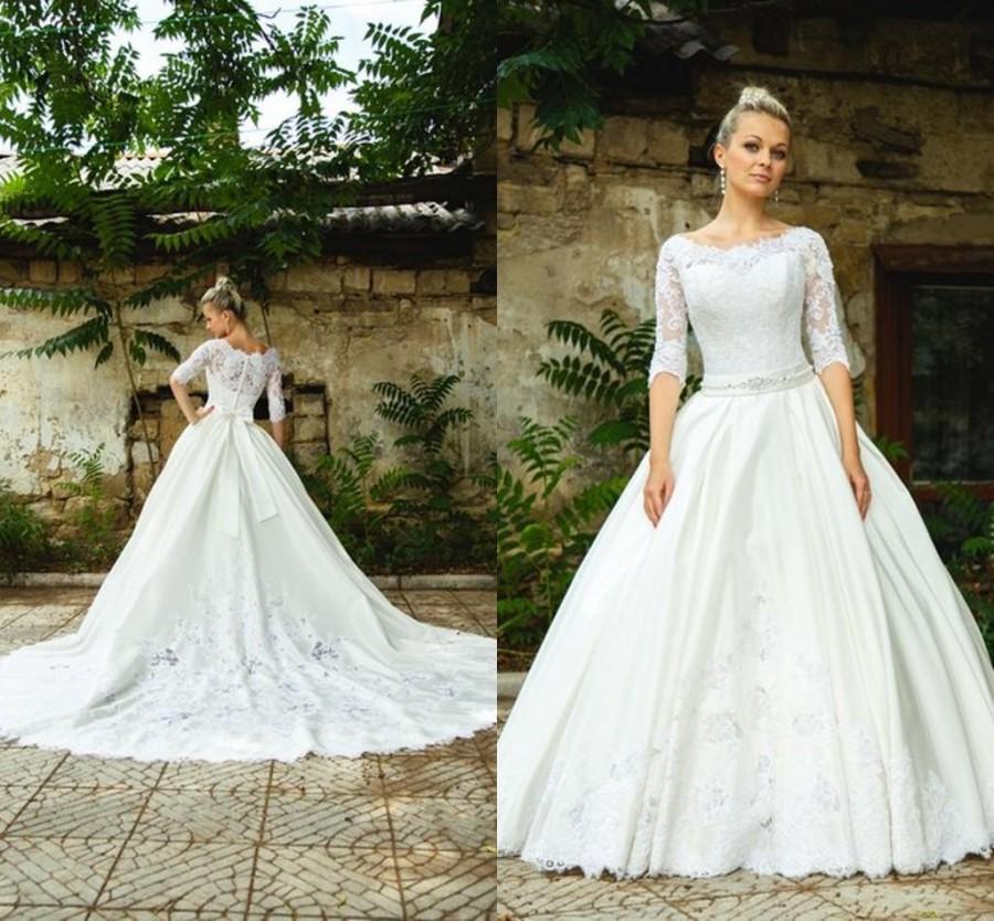 Wedding - Modest 2015 Spring Wedding Dress with Sheer Lace Applique Jewel Neck Half Sleeve Elegant Beaded Sash A Line Ivory Bridal Ball Gown Dresses Online with $140.63/Piece on Hjklp88's Store 