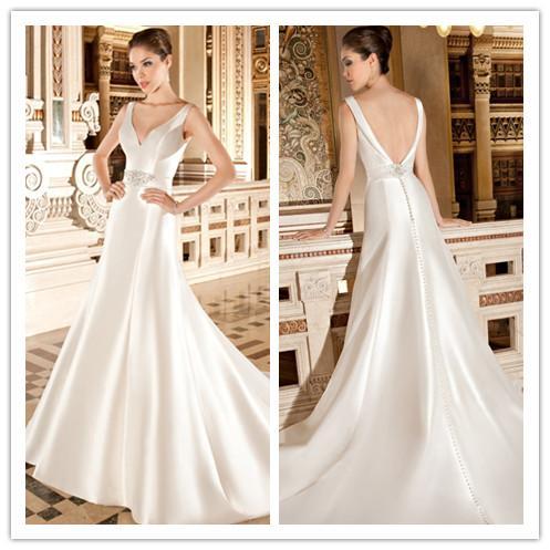 Hochzeit - New Arrival Ivory Wedding Dresses With Beaded Sash Chapel Train Satin Button 2015 Vestidos De Novia Ball Gowns A-Line Bridal Gowns Wedding Online with $129.95/Piece on Hjklp88's Store 