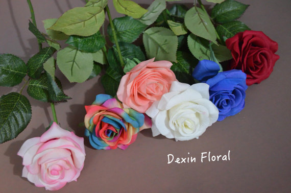 Wedding - Natural Real Touch Artificial Roses Single Stems in Red/ White/ Rainbow/ Blue for Wedding Centerpieces, Bridal Bouquets