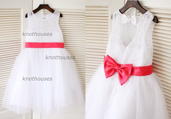 Свадьба - Ivory Lace Tulle Flower Girl Dress Keyhole Back/Coral Bow Sash Children Toddler Party Dress for Wedding Junior Bridesmaid Dress