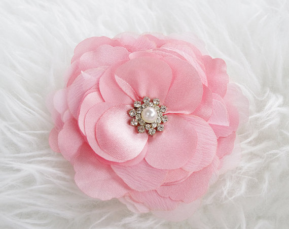 Wedding - Pink Silk Flower and Pearl Rhinestone Brooch Chic Wedding Sash Belt Clip or Hair Flower