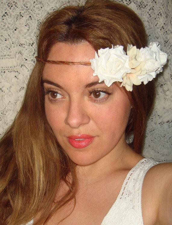 Hochzeit - Headband, halo headband, flower headband- Garden Rose, wedding headpiece, wedding tiara, woodland, crown,  bridal hair wreath, head wreath