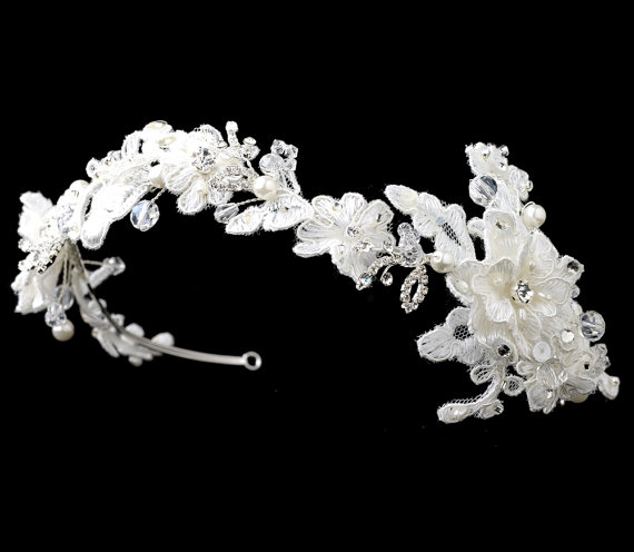 Hochzeit - Lace Wedding headband, Rhinestone Bridal headpiece, Pearl headband, Vintage style headpiece, Flower headband, Swarovski crystal, Pearl comb