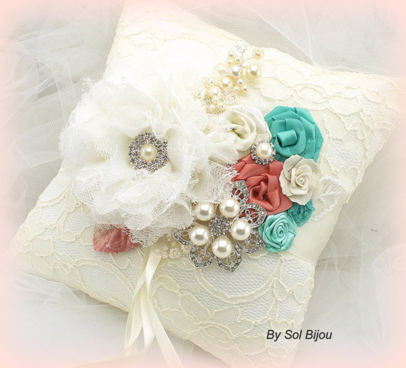 Hochzeit - Ring Bearer Pillow in Ivory, Coral and Tiffany Blue or Mermaid, Lace Ring Bearer Pillow - Bridal Pillow with Lace, Brooch, Jewels and Pearls