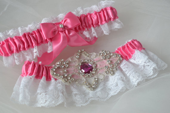 Hochzeit - Wedding Garter Set Hot Pink and White Raschel Lace with Rhinestone Applique