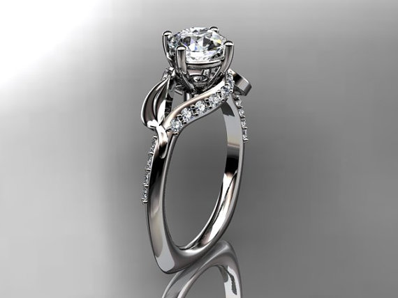 زفاف - Unique 14kt white gold diamond leaf and vine wedding ring,engagement ring with Forever Brilliant moissanite center stone, ADLR225