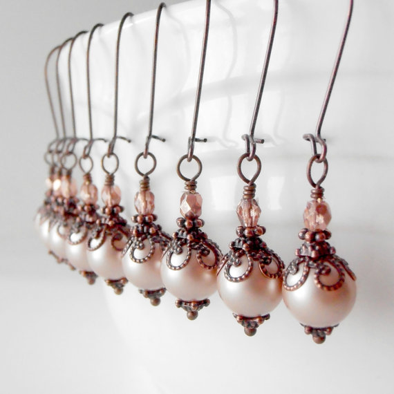 زفاف - Bridesmaid Jewelry - Rustic Blush Pink Pearl Earrings - Beaded Dangle Earrings - Blush Wedding Jewelry Set - Bridesmaid Gift