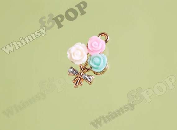 Wedding - 1 - Gold Tone Bouquet Pink Blue White Flower Crystal Rhinestone Pendant Charm, Flower Charm, 20mm x 15mm