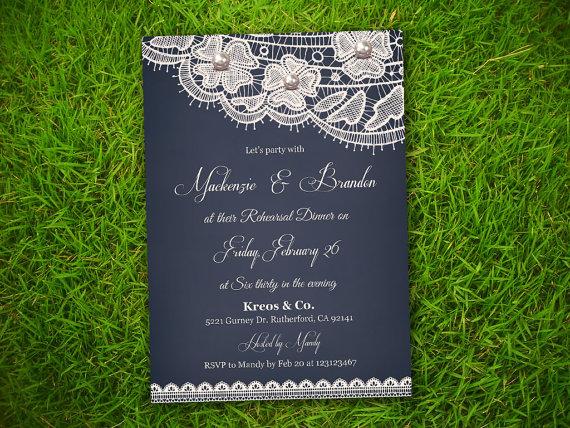Свадьба - Wedding Rehearsal Dinner Invitation Card - Dark Blue Romantic Night Pearl Lace Personalized DIY Double Sided Printable