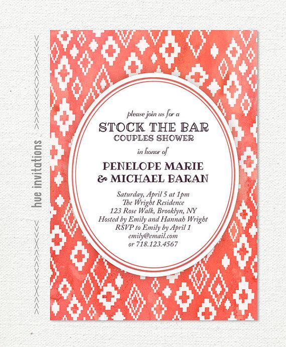 Wedding - coral stock the bar invitation, watercolor modern couples shower printable invitation, geometric tribal aztec bridal shower, 5x7 jpg pdf 489
