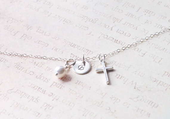 زفاف - Personalized Cross Initial Necklace, Sterling Silver 925, Pearl Necklace, Monogram, Simple Wedding Jewelry Gift For Her, Mother, Religious