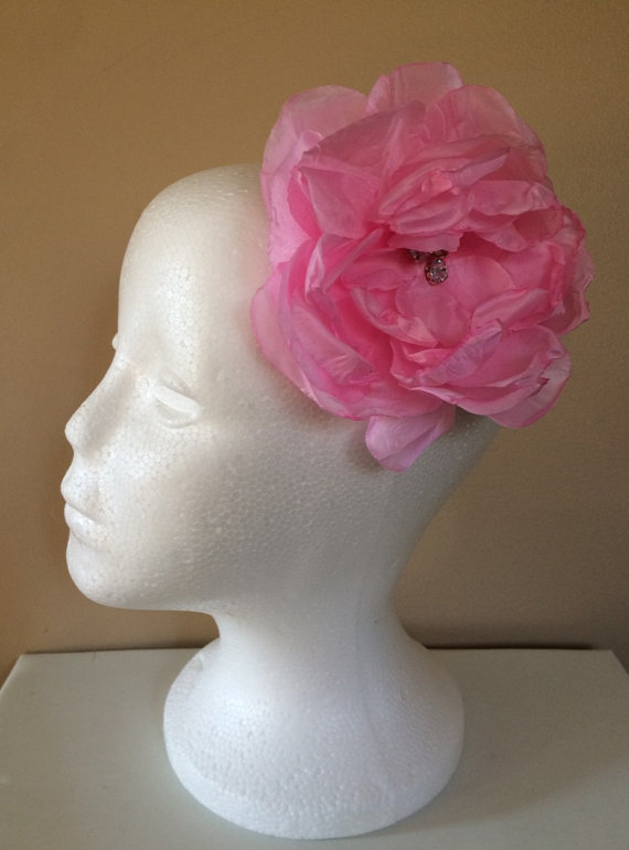 Wedding - Large Peony Pink Flower Crystal Hair Clip, pageant flower clip, wedding hair clips, fascinator, photo prop hair accessories