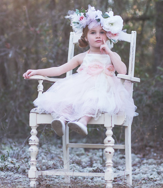 Wedding - Flower Girl Dress  - Blush Pink Cream Tulle Tutu Gown, Blush Tutu Dress for toddlers, Halter Style Tutu Dress