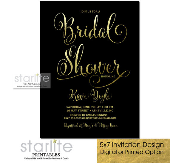 Hochzeit - Black and Gold Bridal Shower invitation, Faux Gold Foil, Fancy Script, Simplicity, Hens - Personalized Printable Digital or Printed Package