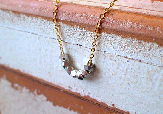 Wedding - 20% OFF - Elegant Tiny Silver Tone Cube Polygon Nuggets on gold necklace,wedding,perfect gift idea