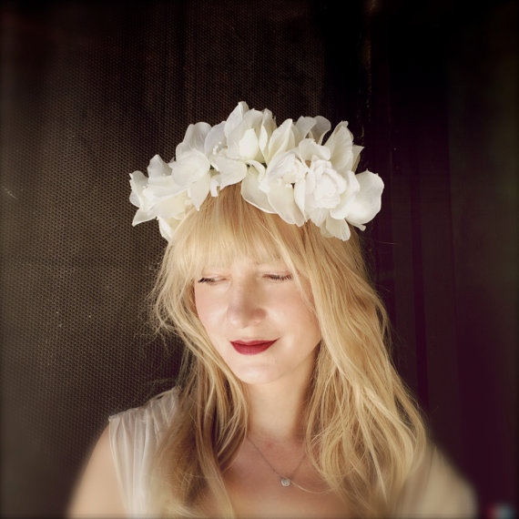 زفاف - wedding flower headband crown white tiara bridal hair  headpiece