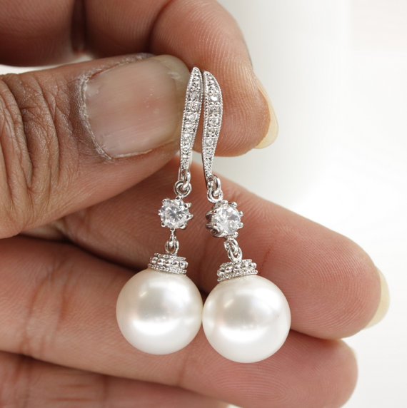 Hochzeit - Bridal Pearl Drop Earrings Wedding Jewelry Cubic Zirconia dangle Bridal Earrings Round Swarovski Pearl Earrings
