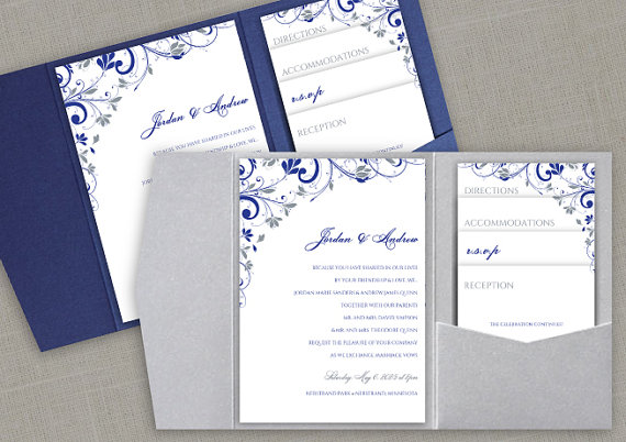 Wedding - Pocket Wedding Invitation Printable Set - Instant DOWNLOAD - EDITABLE TEXT - Chic Bouquet (Royal Blue & Silver)  - Microsoft® Word Format