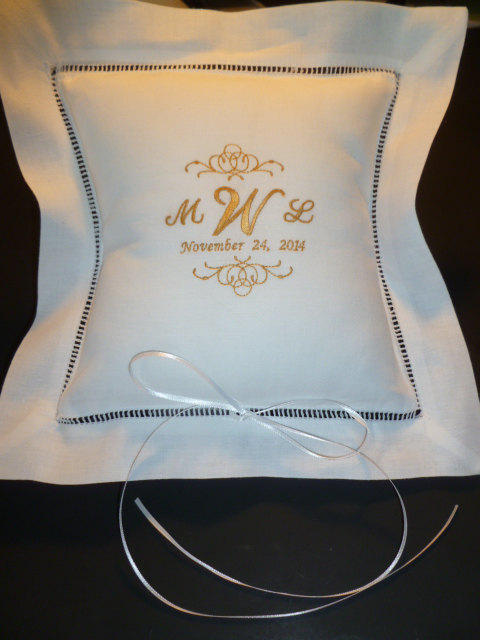 Hochzeit - Linen Ring Bearer Pillow Custom Embroidered Monogram Bride and Groom Keepsake Pillow