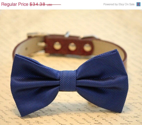 Wedding - Royal Blue and brown dog bow tie - high quality leather and fabric, Blue Brown Wedding accessory, some thing blue