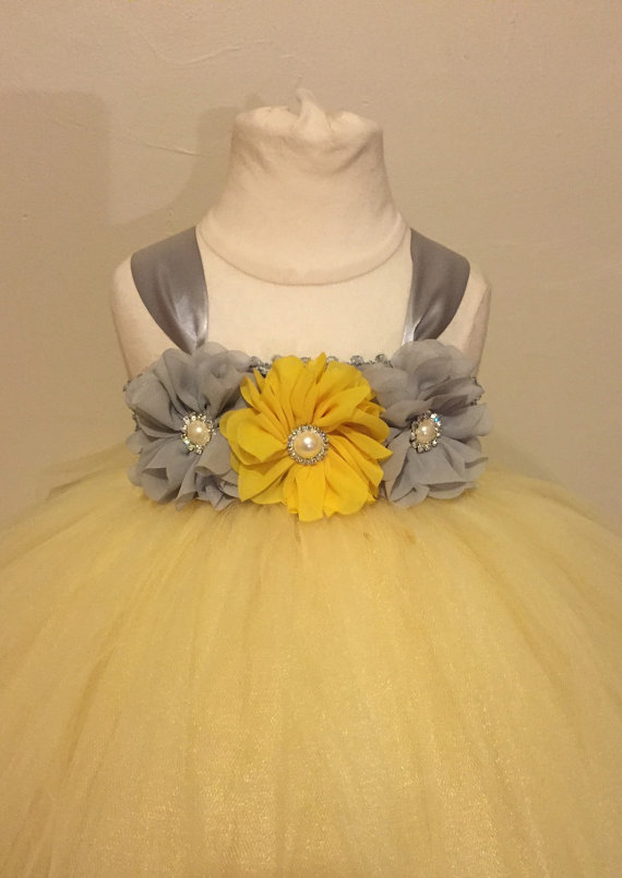 زفاف - Yellow and silver tulle flower girl dress, yellow and silver girls party dress, 1st birthday dress, girls pale yellow tulle tutu dress