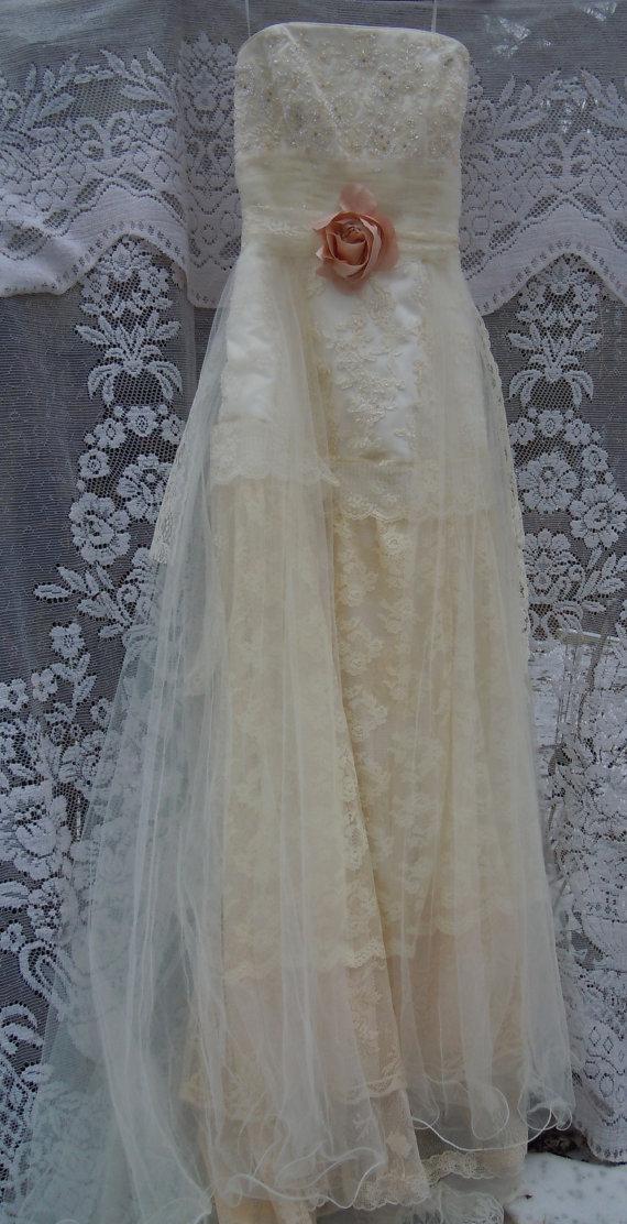 Wedding - RESERVED for Ann Deposit for  Boho Wedding Dress tiered lace vintage tulle  by vintage opulence on Etsy