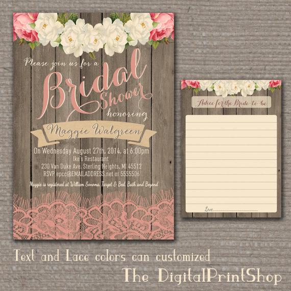 Hochzeit - Garden Rustic Baby Lingerie Bridal shower invite wood pink peonies lace shabby chic INVITATION Printable DIY (91) Digital Downloadable jpg