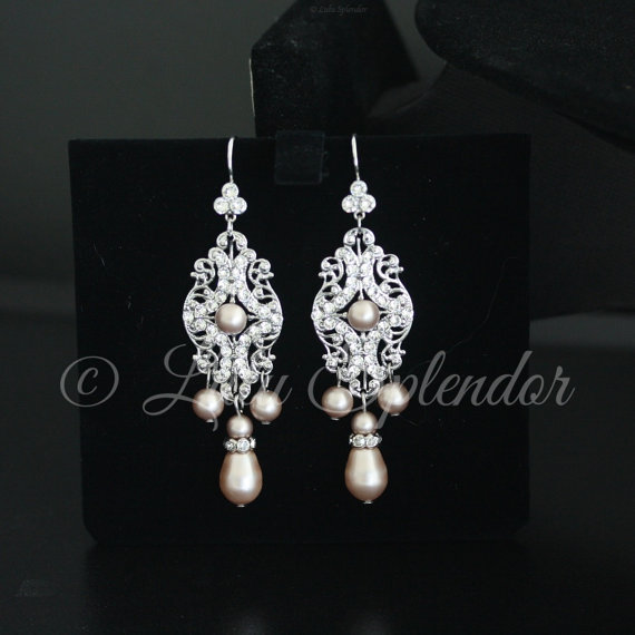 Mariage - Champagne Pearl Bridal Earrings Vintage Chandelier Wedding Earrings with Swarovski Crystal Powder Almond Pearl drops Wedding Jewelry YASMIN