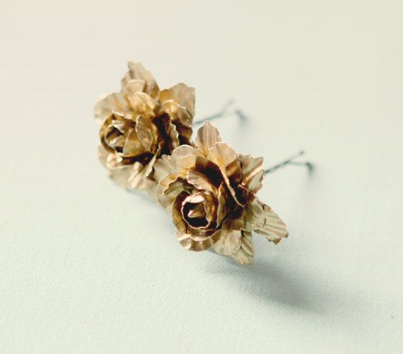 Wedding - Gold flower clips, Golden clips, Bridal hair clips, Wedding accessory, Rose bobby pins
