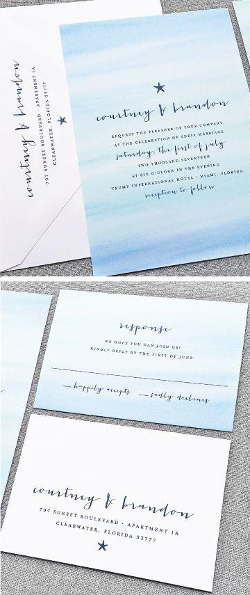 زفاف - NEW Courtney Aqua Blue Watercolor Beach Wedding Invitation Sample - Destination Blue And Aqua Watercolor Starfish Beach Wedding Invitation