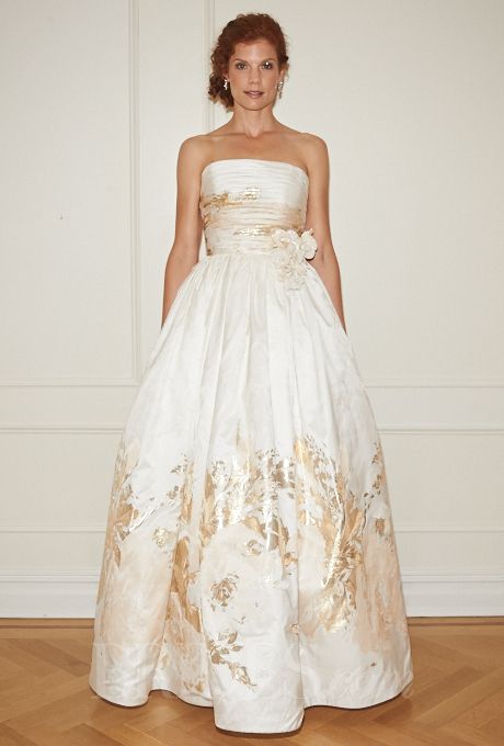 زفاف - Randi Rahm - Fall 2014 - Ella Strapless Ivory And Gold Ball Gown Wedding Dress With Ruched Bodice And Floral Detail At Waist
