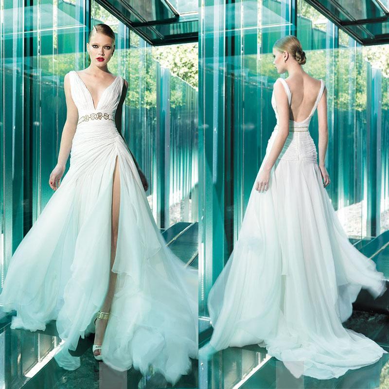 زفاف - 2015 Spring Chiffon V Neck Backless Sexy Wedding Dresses Gowns With Sash Split Side Sweep Train Pleated Garden Simple Style Wedding Ball Online with $121.05/Piece on Hjklp88's Store 