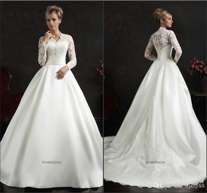 Mariage - Amelia Sposa Long Sleeve Wedding Dresses 2015 Satin Covered Button Sheer Applique Chapel Train Sheer Illusion Bridal Ball Gowns Custom Online with $131.73/Piece on Hjklp88's Store 